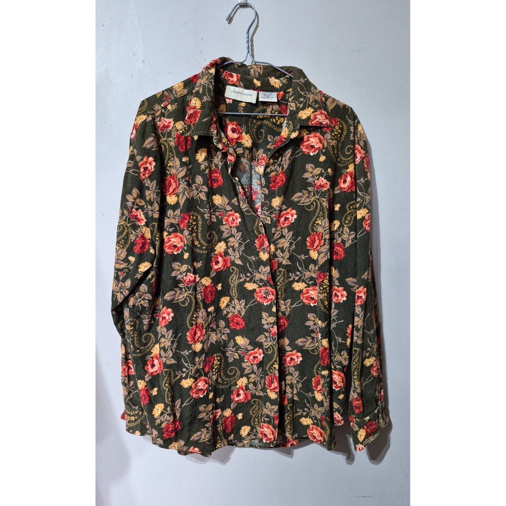 Lemon Grass Women XL Corduroy Floral Paisley Button Down Shirt Olive Green Rose